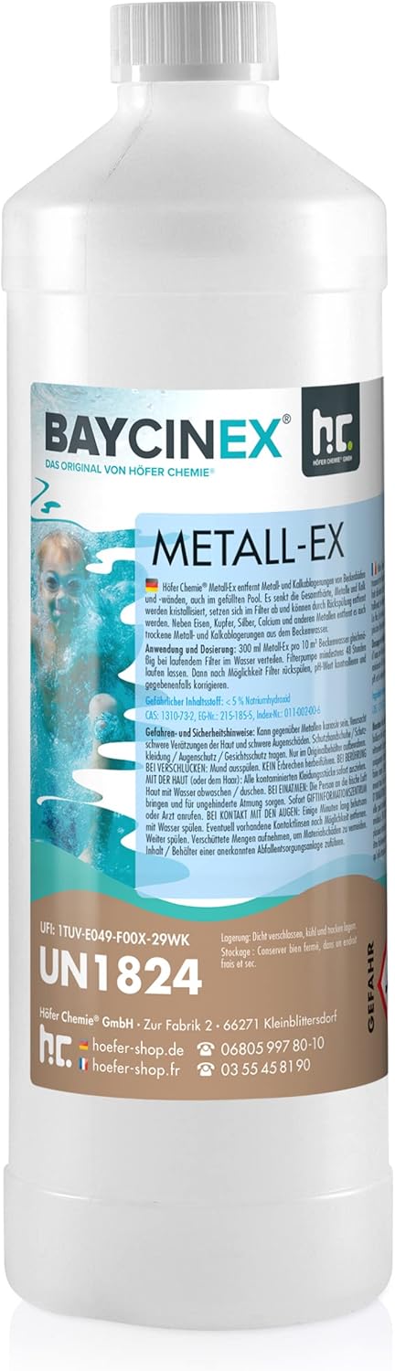 1L BAYCINEX® Séquestrant Métaux Anti-Métaux – Élimine Fer, Cuivre, Argent, Calcium et Calcaire, Réduit la Dureté Totale de l'eau, Nettoyage Ultra-Acide pour Piscine 1 x 1 L