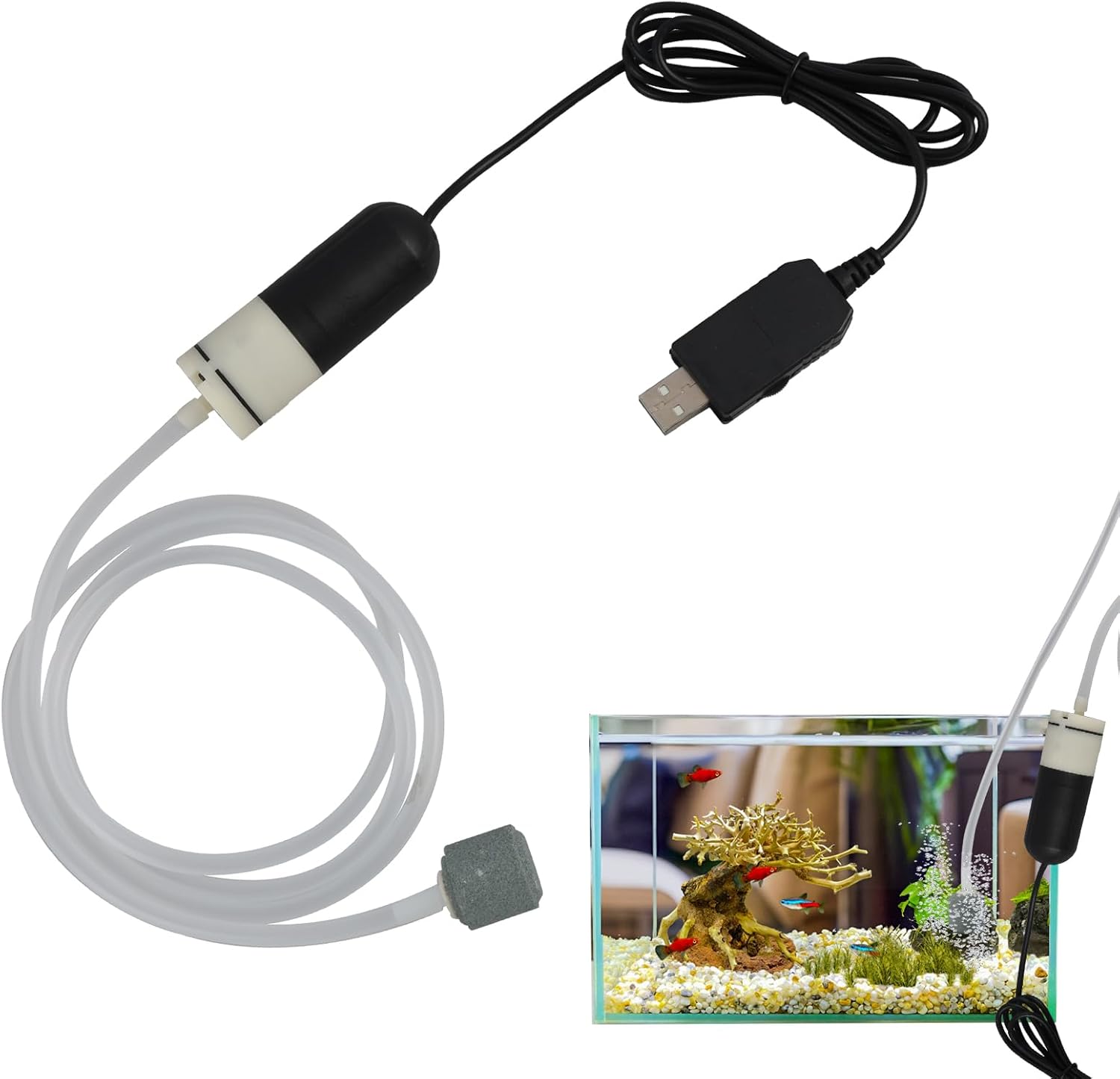 Pompe à Air pour Aquarium Mini USB, Bulleur d’Oxygène Portable avec Pierre à Bulles,pour Aquariums d'eau Douce et Marine, Faible Consommation, Facile à Installer