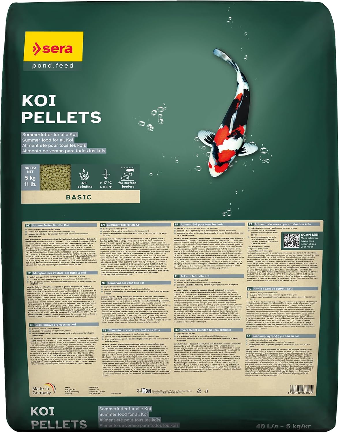 Sera Koi pellets 40 L 5 KG - Aliment pour Les koïs 40.000 ML 5.000 g - pellets flottants avec 4% de spiruline - à Utiliser Lorsque Les températures de l’Eau dépassent 17°c