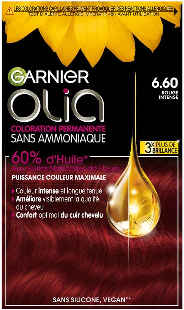 Garnier Coloration Permanente - Sans Ammoniaque - Aux Huiles Naturelles de Fleurs - Rouge Intense (6.60) - Olia Vivids 6.60 Rouge Intense 1 unité (Lot de 1)