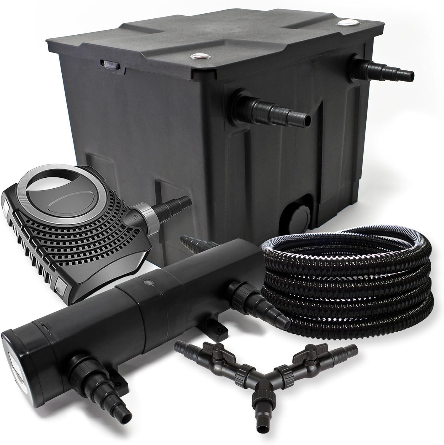 Kit complet: CBF-350 Filtre de bassin jusqu'à 12000 L Biologique, CTF-8000 pompe de filtration 8000l/h 70W, CUV-218 lampe uv UVC Clarificateur avec 18W, 25m Tuyau 25 mm, Y-distributeur