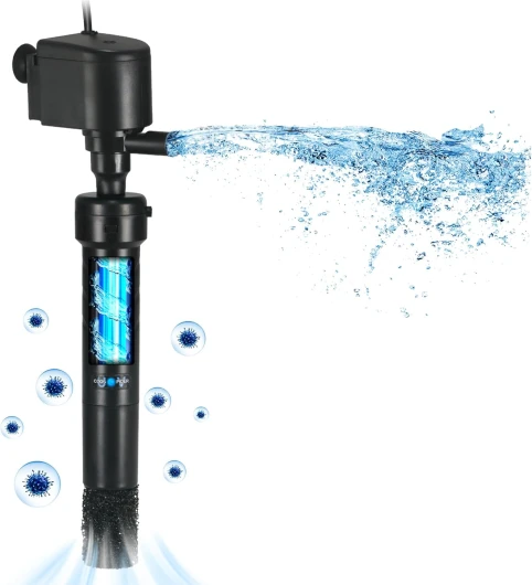 Aquarium U-V Pompe de Filtre pour 150-380L Réservoir de Poissons, 5W lampe Anti-algues U-V Clarificateur, 1200L/H Cristal Purificateur d'algues Pompe à eau Alimentation en Air Pompe à Débit