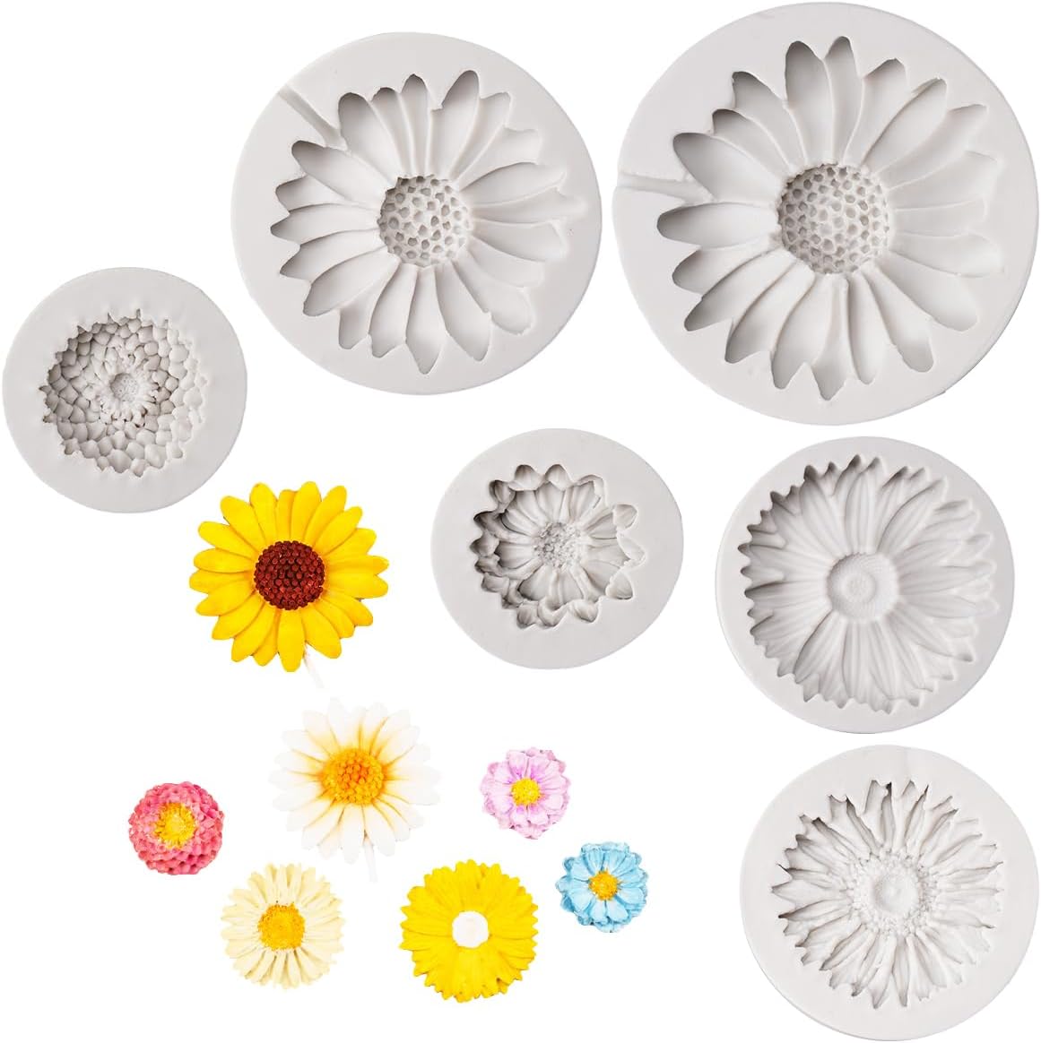 6 Pièces Moule en Silicone Fleurs, Moules en Silicone en Forme de Fleur Marguerite, Moules en Silicone 3D Réutilisables pour les Roses, pour Fondant Gâteau Chocolat Bonbons Décoration de Gâteaux