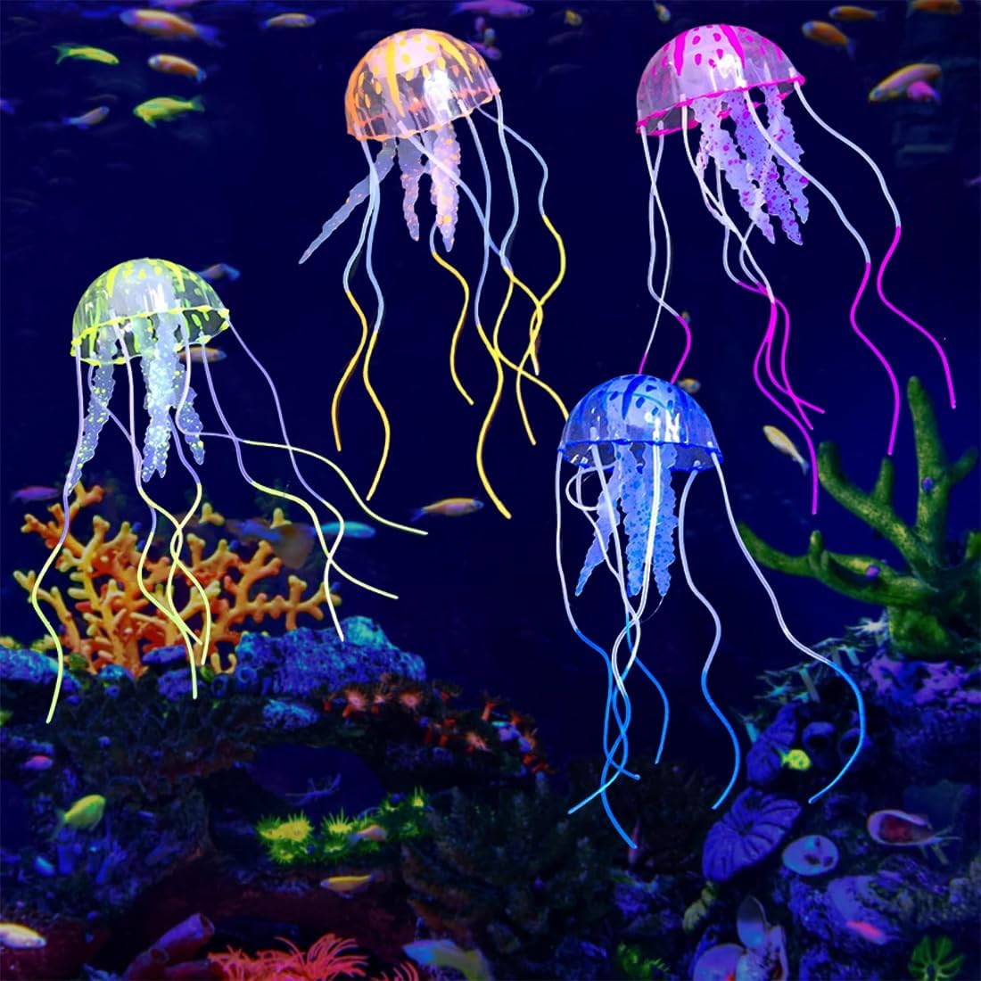 Ensemble de 4 Méduses Artificielles Lumineuses pour Aquarium, en Silicone Fluorescent - Accessoires de Décoration pour Aquariums et Aquariums d'eau de Mer.
