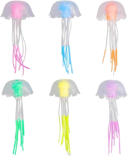 WOLMIK Lot de 6 Méduses Artificielles Flottantes pour Aquarium - Méduses Fluorescentes Artificielles en Silicone pour Divers Aquariums - Rose, Vert, Bleu, Violet, Orange, Jaune Multicolore