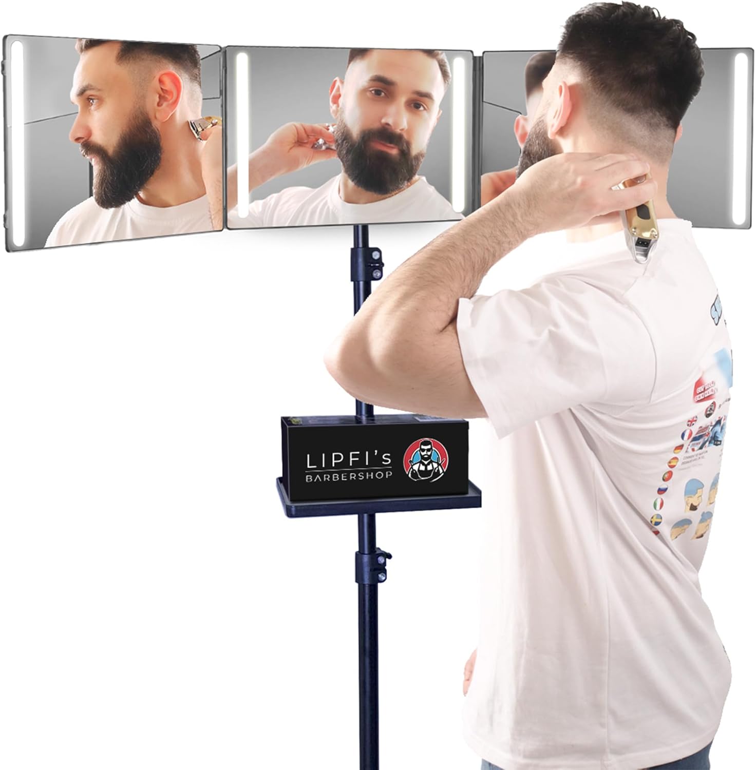 LIPFISBARBERSHOP.COM Miroir 360° avec Trépied, Crochets et Support Réglables : Miroir Pliable Compact 3 Faces avec 4 LED, Recharge USB-C pour Hommes et Femmes – Coupe de Cheveux, Rasage, Maquillage Miroir 360° + Trépied + Adaptateur