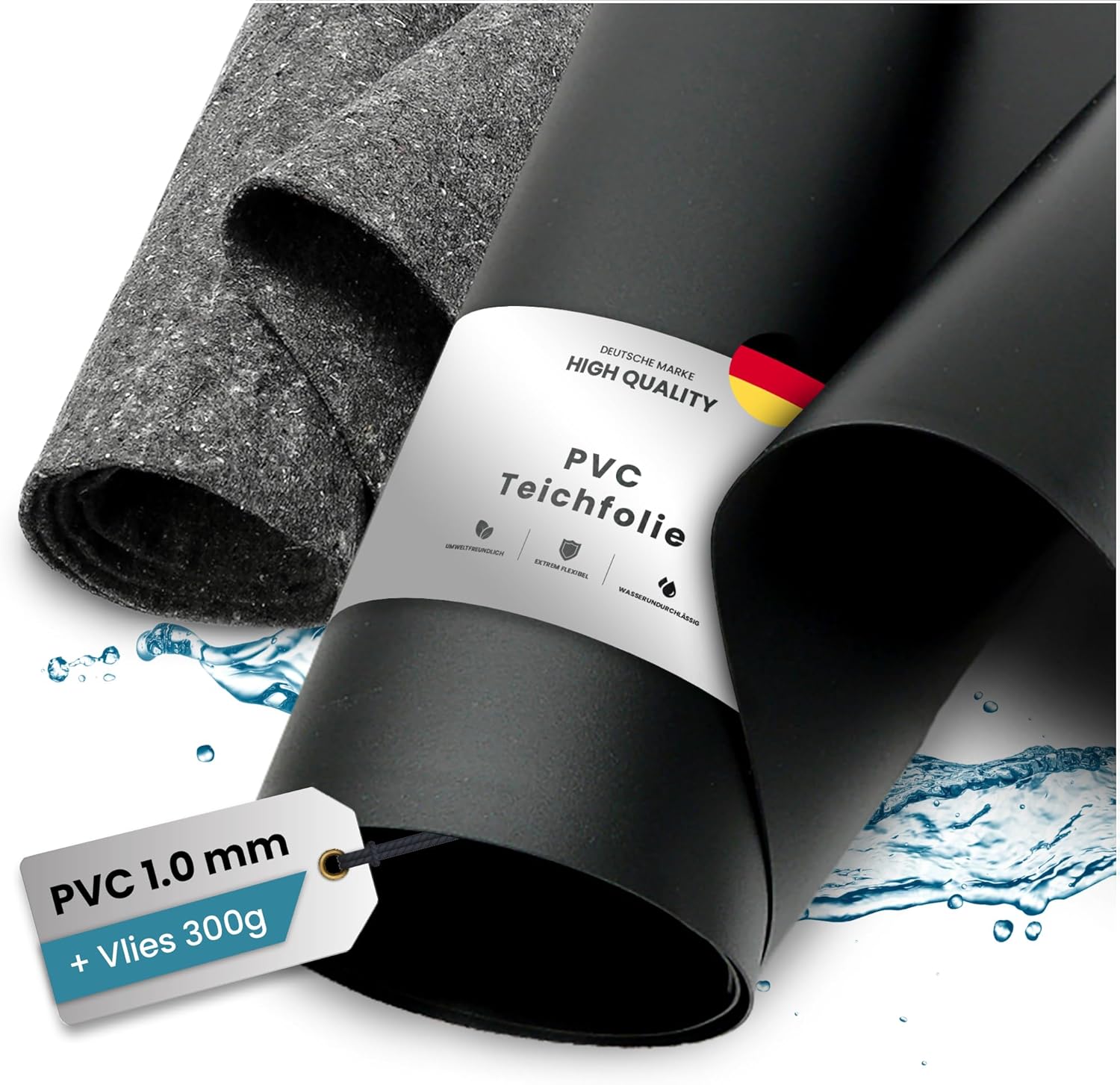 TeichVision - Bâche pour bassin en PVC - Épaisseur : 1 mm - 4 m x 4 m et non-tissé de bassin 300 g - Film PVC noir avec non-tissé séparé assorti en gris B: 4 m x L: 4 m