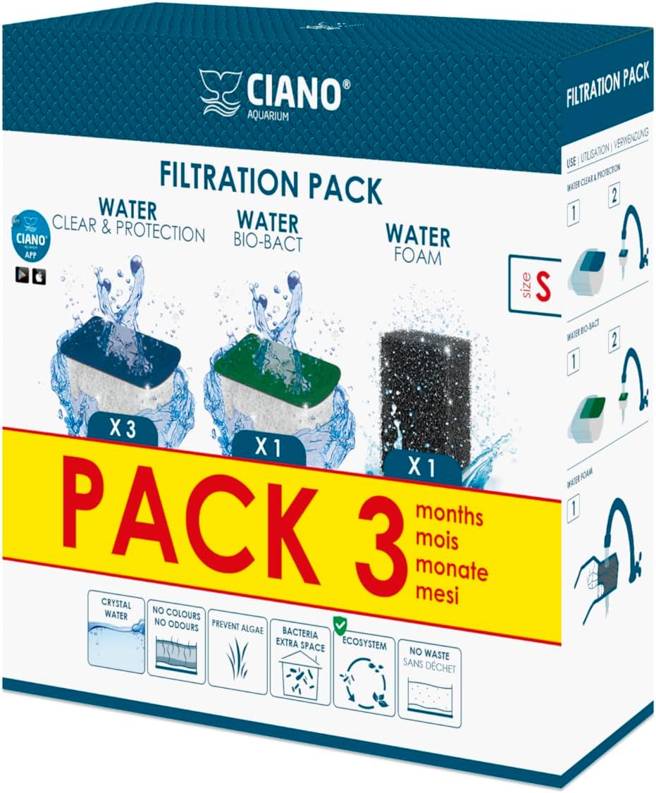 CIANO, Aquarium Consommables - Cartouches de Filtration de Rechange pour Filtre d'Aquarium- Pack 3 mois, Taille S - Eau Cristalline pour Poissons, Sans Impuretés et Sans Odeur - Nettoyage Efficace