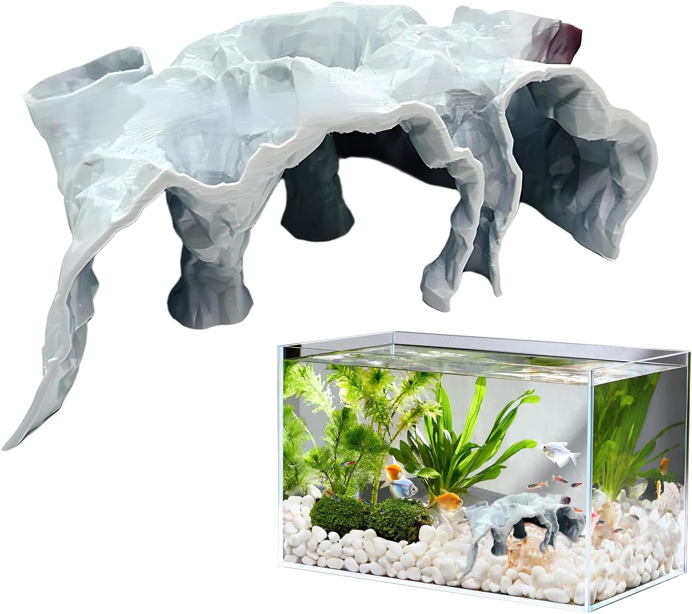 Grotte d'aquarium - Aquarium souterrain - Tunnel grotte - Cachette de reproduction - Décoration de paysage pour petits cichlidés, reptiles, poissons-chars Gris L