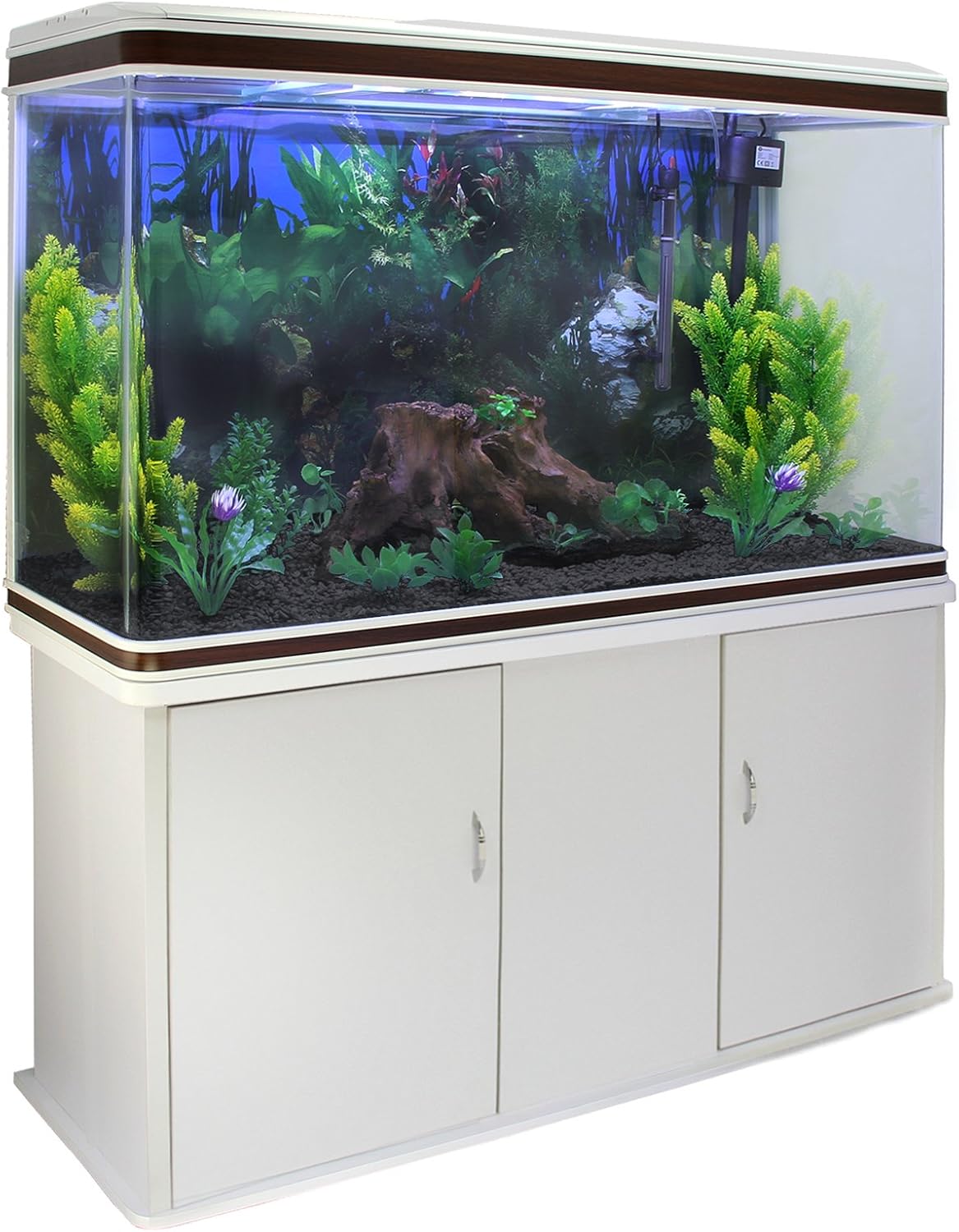 MonsterShop – Aquarium de 300 litres, Kits et Accessoires de Démarrage, Plantes, Graviers, Meuble Blanc, d’Une Dimension Totale de 143,5 cm de Haut x 120,5 cm de Large x 39 cm de Profondeur