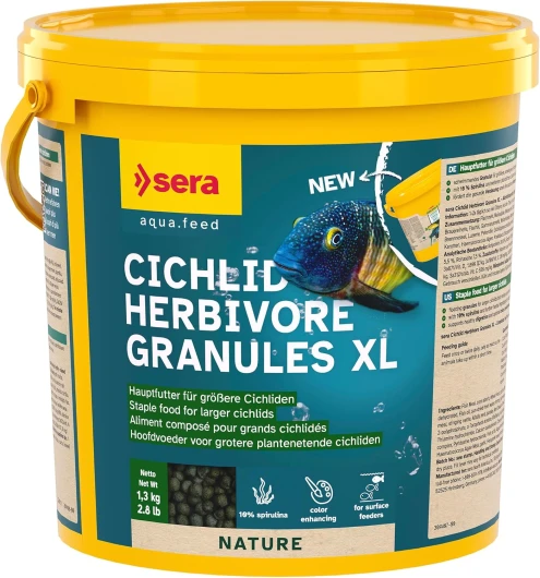 Sera Cichlid herbivor granules XL 3,8 L 1,3KG - Aliment composé pour Grands cichlidés - sans colorants ni conservateurs - pour Poissons herbivores - Gros Morceaux d'aliment