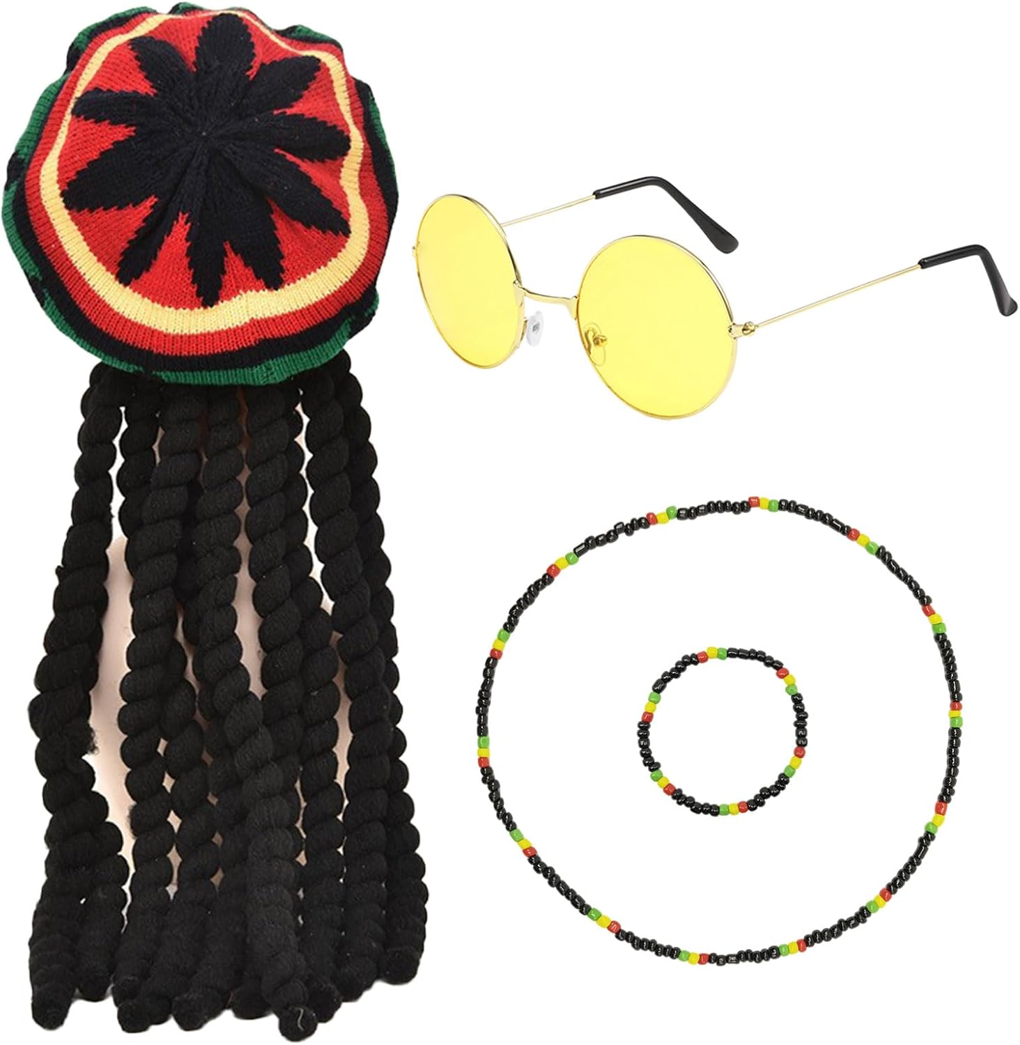 TUONYIS Ensemble rasta 4 pièces - Accessoires de costume reggae - Perruque de dreadlocks tressées jamaïcaines - Lunettes jaunes, bracelet, collier - Pour Halloween, cosplay, bal masqué