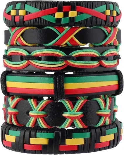 QKEOISUD Lot de 6 bracelets rasta rasta réglables en cuir tressé avec boucle Reggae Jamaïque rétro pour homme et femme