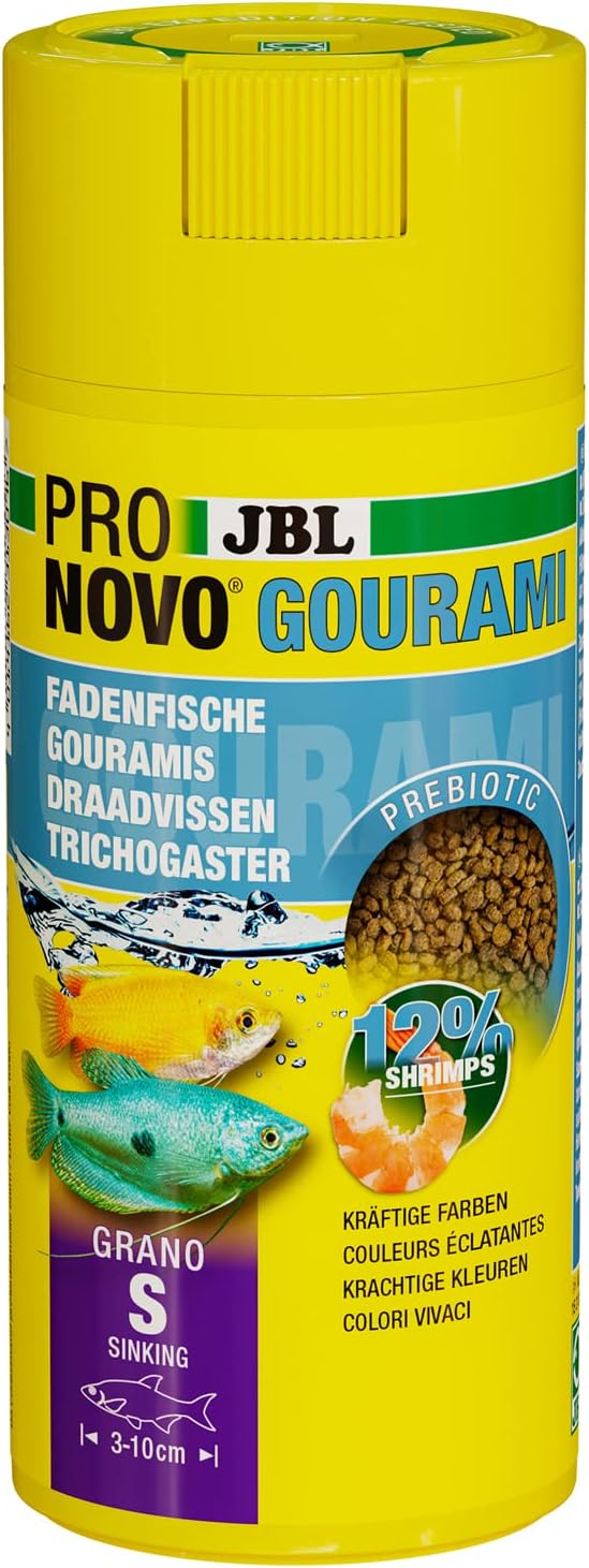 PRONOVO GOURAMI GRANO, Aliment de Base pour Gouramis, Colisa et autres Labyrinthidés de 3-10 cm, Granulés pour Poissons, Doseur à clic, taille S, 250 ml Sans saveur 115 g (Lot de 1)