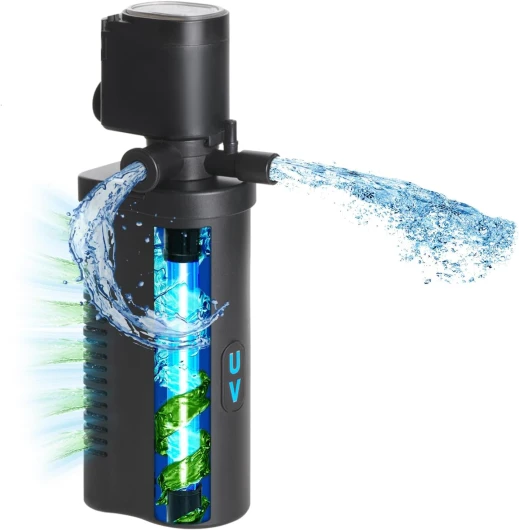 Filtre d'aquarium avec Lampe U-V - Pompe Submersible 4 en 1 pour Betta, Tortues & Eau de mer/Eau Douce (40-170 litres, 600 L/h) - Contre l'eau Trouble & Les algues H4F (pour 40-170L) Filtre