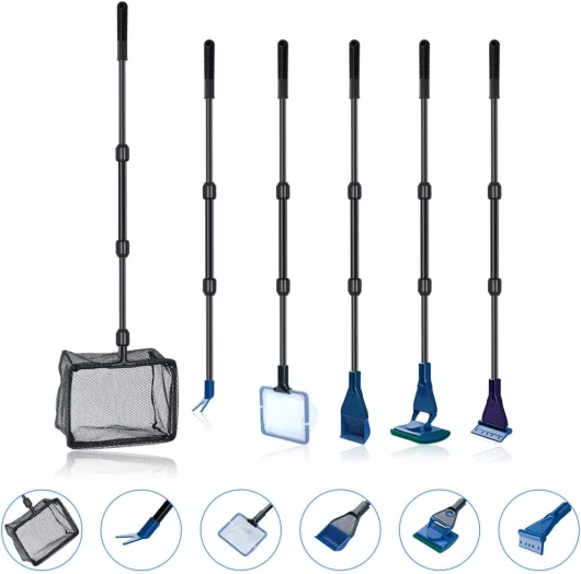 Towear Kit de nettoyage d'aquarium 6 en 1 avec filet à poissons, épuisette, râteau à gravier, pince à plantes, raclette, éponge et connecteur 6 IN 1