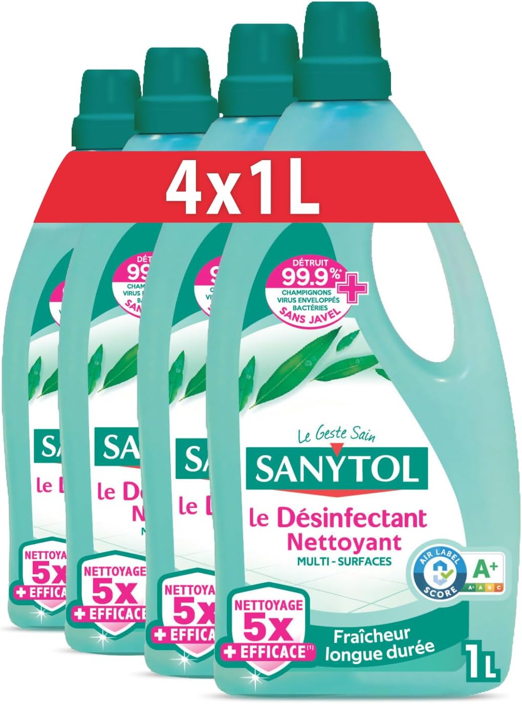 Désinfectant Nettoyant Multi-Surfaces - Parfum Eucalyptus – 1L - Lot de 4 - Sans Javel, Air Label Score A+ - Nouvelle formule 5X plus nettoyante – Fraîcheur longue durée Eucalyptus 1 l (Lot de 4)