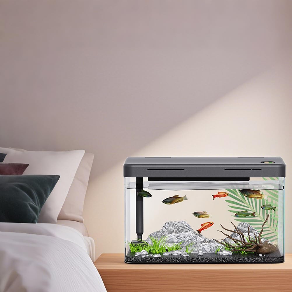 Aquarium rectangulaire de 12 l, avec filtre et lumière, noir, moderne, en acrylique, décoration de table, pour poissons et plantes aquatiques