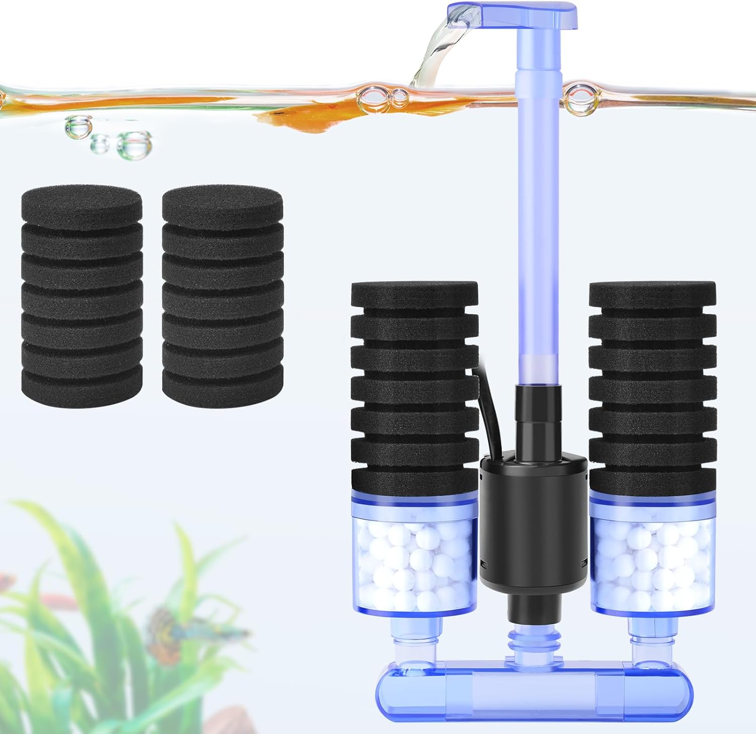 Filtre à Éponge pour Aquarium avec Pompe à Eau, Filtre Biochimique Électrique Silencieux, avec 4 Éponges Filtrantes et des Billes en Céramique, pour des Tortues, Aquarium de 150L
