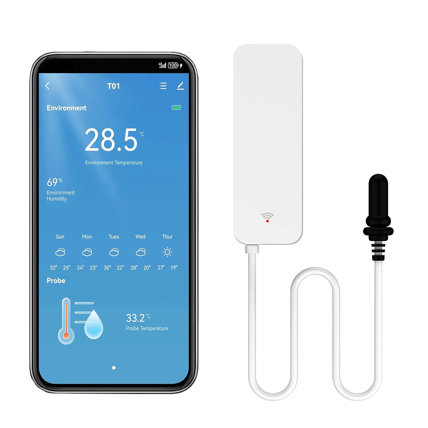 Thermomètre hygromètre intelligent, capteur de température WiFi avec sonde externe, thermomètre de fonction météo, hygromètre, pour congélateur, aquarium, alarme d'application, moniteur à distance, 1 pièce