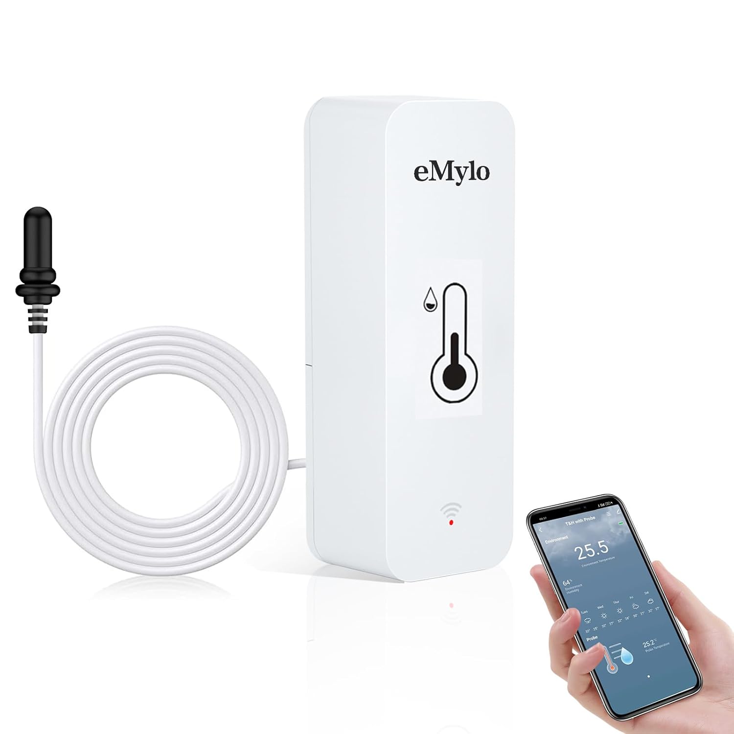 EMylo Thermometre Intérieur Exterieur, Wifi Thermomètre Connecté App Alarme, Exportation de Données Thermometre Frigo Moniteur, Convient pour Chambre, Aquarium, Réfrigérateur, Blanc 7.0*2.5cm