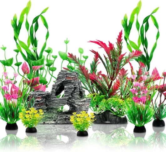 QUOZUO Aquarium Decoration Plante, Plantes Artificielle Aquarium Deco et Rocher Polyrésine Grotte Ornement, Cachette Décoration pour Aquarium Poissons, 12 Pièces
