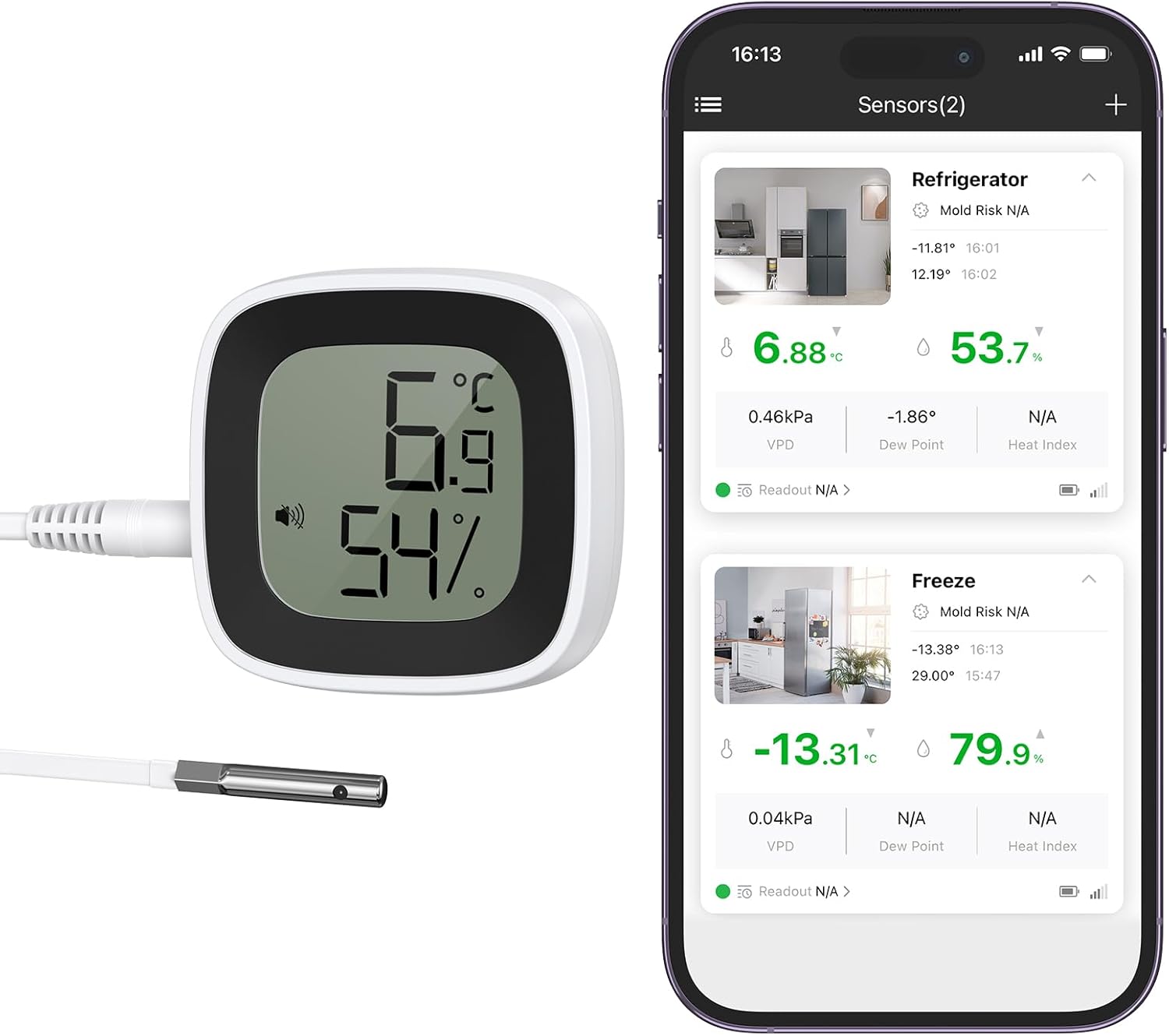 Thermomètre Frigo Bluetooth, Thermometre Réfrigérateur avec Sonde, Thermomètre Hygromètre Bluetooth, Thermomètre Numérique pour Congélateur avec APP, Stockage de Données pour Maison, Aquarium 1PC Blanc-noir