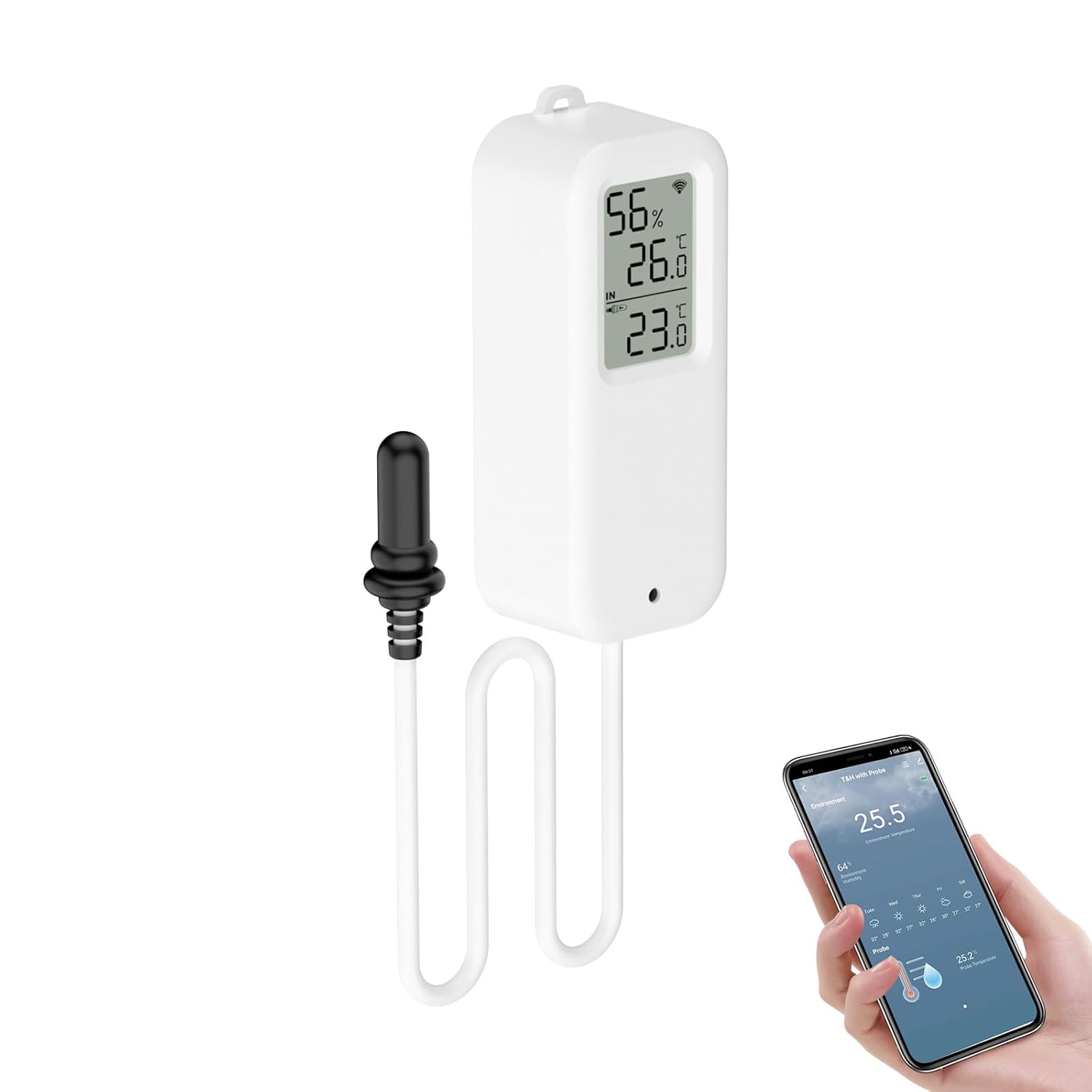 EMylo Thermometre Intérieur Exterieur, Wifi Thermomètre Connecté App Alarme, Exportation de Données Thermometre Frigo Moniteur, Convient pour Chambre, Aquarium, Réfrigérateur, Blanc avec écran 1 Pièce T13 1 Pack