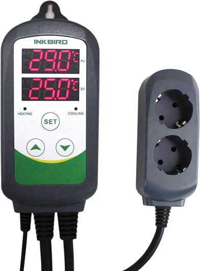 ITC-308 Prise Thermostat Numérique avec 2 Relais 220V Sonde, Controleur Température Chauffage Refroidissement pour Terrarium,Reptile,Incubateur,Serre,Couveuse,Brassage