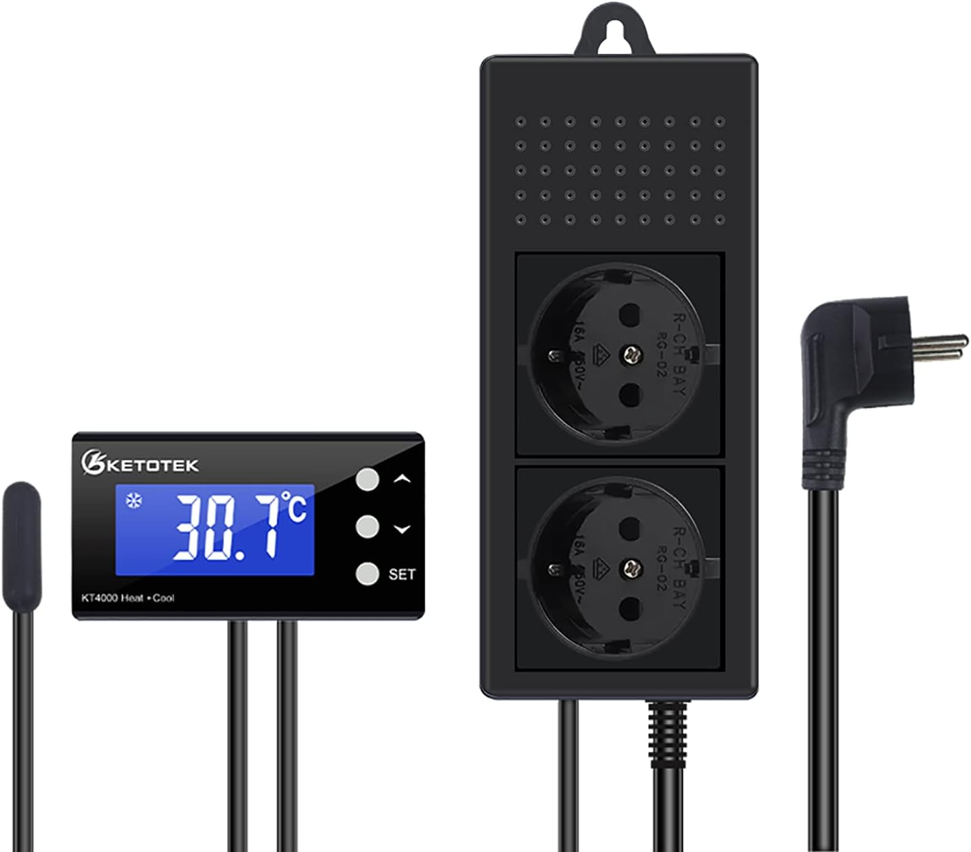 KETOTEK Prise Thermostat Numérique Regulateur de Temperature avec Sonde 220V, Double Relais Chauffage Refroidissement Contrôleur de Température pour Aquarium Incubateur Serre Frigo Ventilateur KT4000 Noir