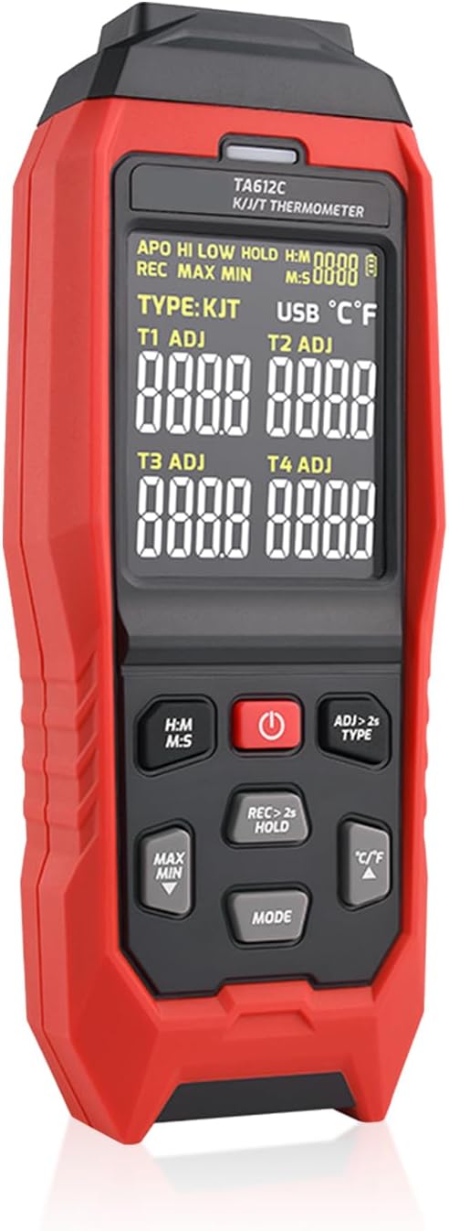 Thermomètre de type K/J/T, 4 canaux, thermomètre à thermocouple numérique, mémoire de données de groupe 5000, écran couleur VA avec rétro-éclairage, prend en charge 2 modes de charge