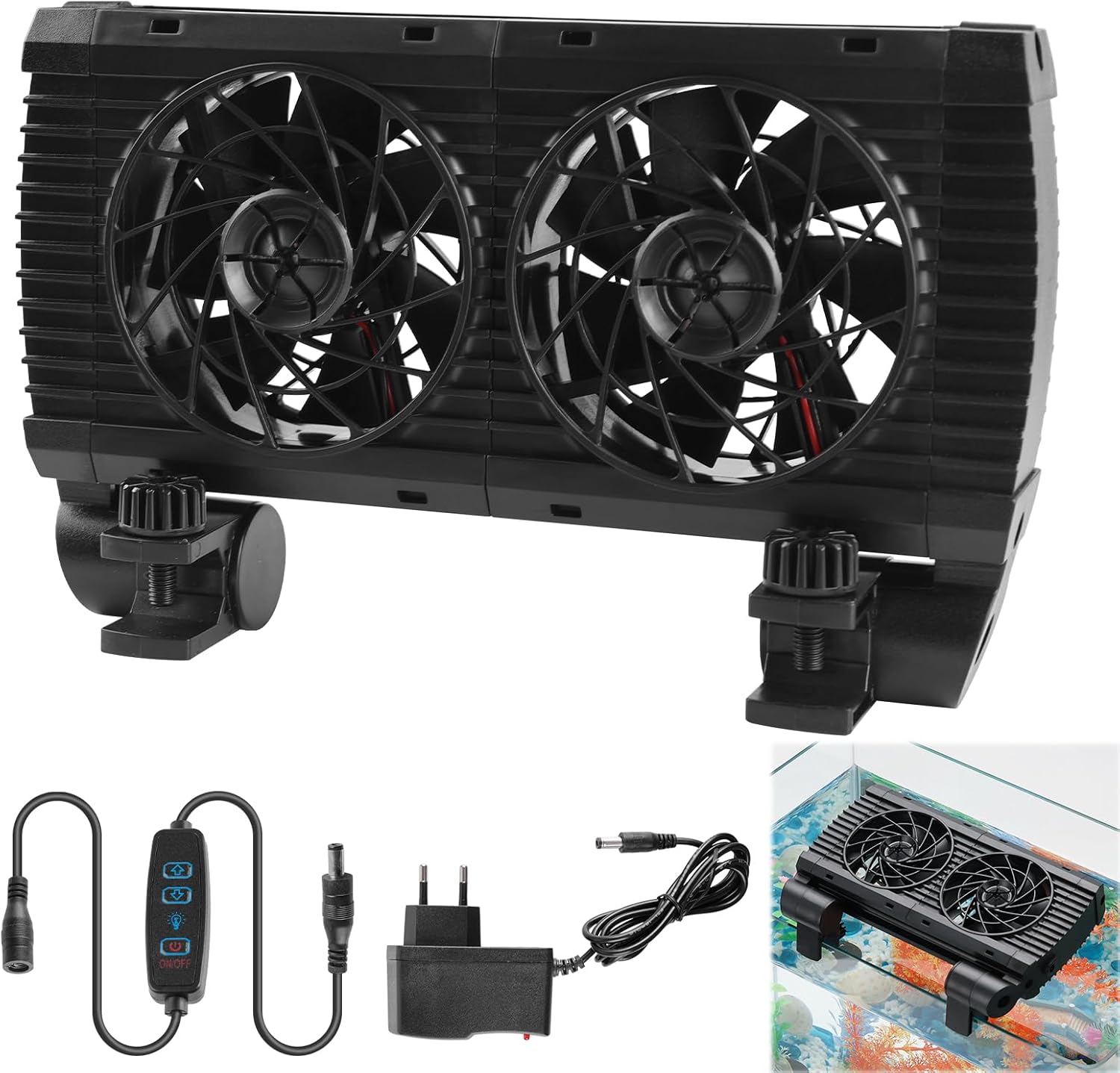 Aquarium Refroidisseur, Aquarium Fan, Ventilateur De Réservoir De Poissons pour Aquarium d'eau Douce Et Marine, Alliage D'aluminium, 2 Ventilateur, 100-240v(Réglementation Européenne), 210mm ×100mm