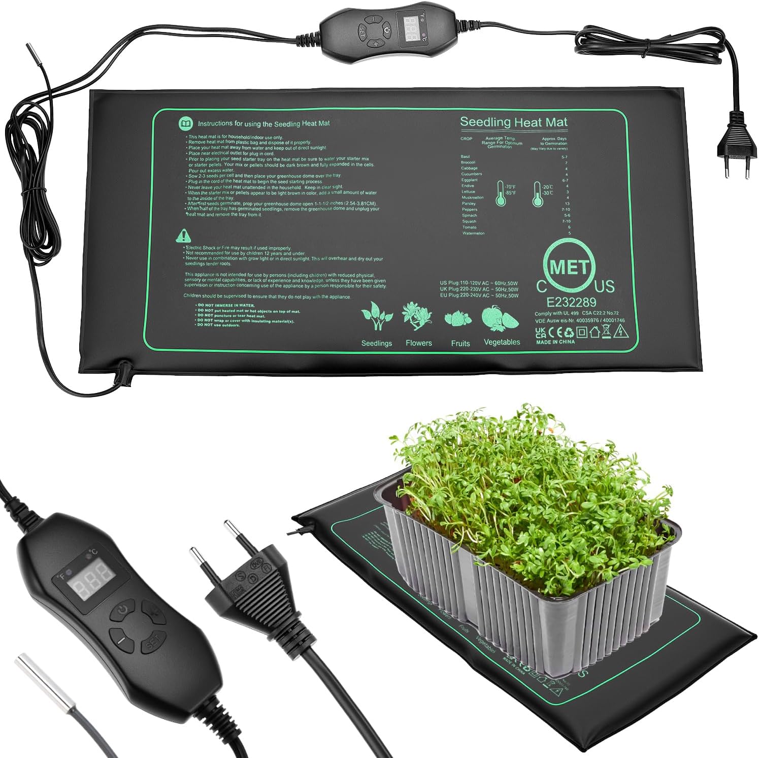 QWORK® Tapis Chauffant avec Thermostat, Tapis Chauffant Semis, 50w 20 ℃ ~ 45 ℃ Plage de Température Tapis Chauffant, pour Serre Intérieure, Terrarium, Aquarium, Reptile