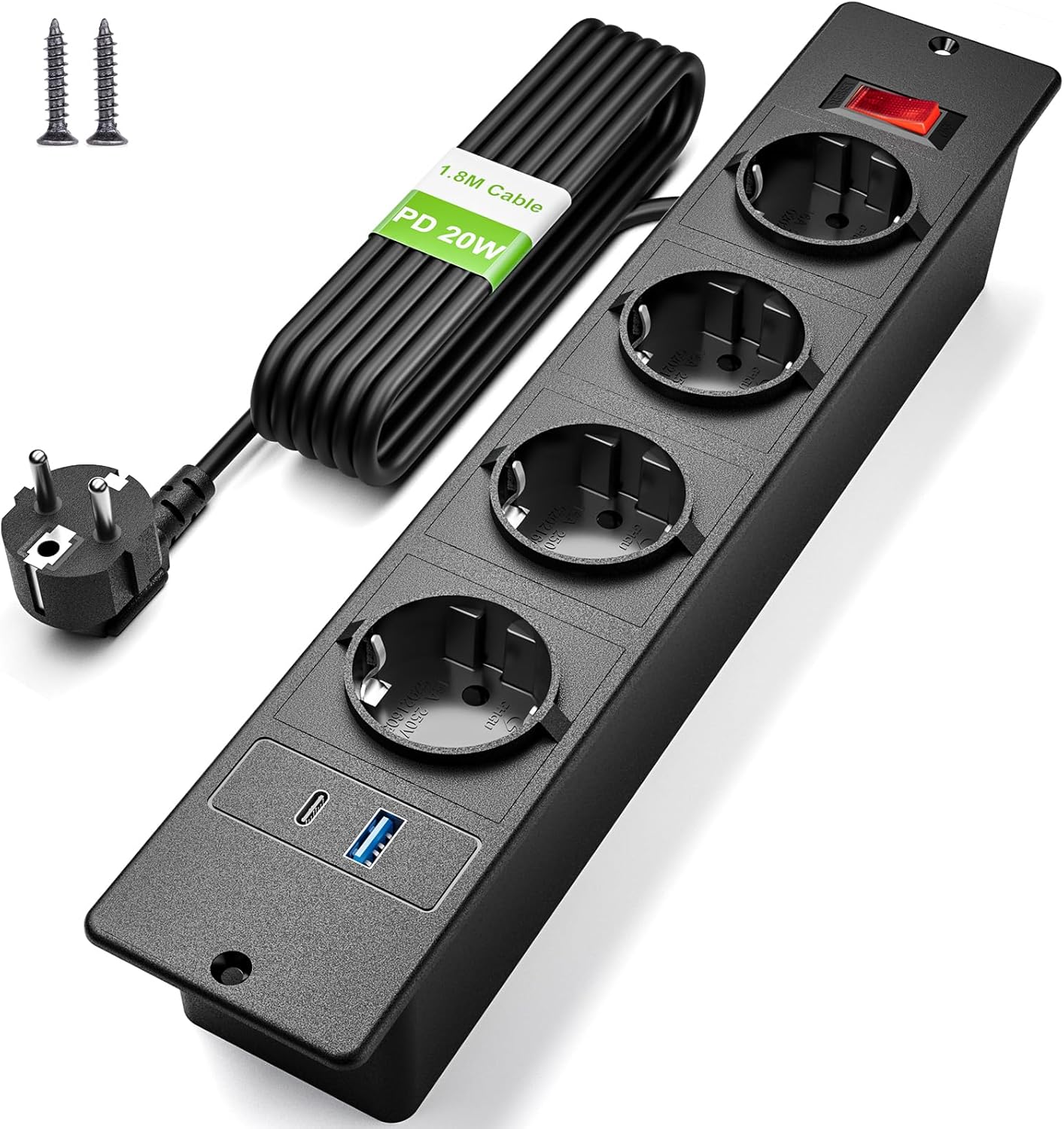 Multiprise Encastrable 4 Prises, Prise Encastrable Plan de Travail avec USB C PD 20 W, Multiprise de Table avec Interrupteur, Prise de Table Escamotable 2M Câble, Noir