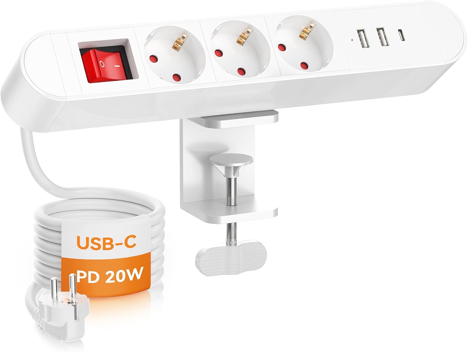 Multiprise de table avec USB C PD 20 W, 3 prises, avec commutable, multiprise avec câble USB de 2 m, pince pour bureau, atelier, blanc