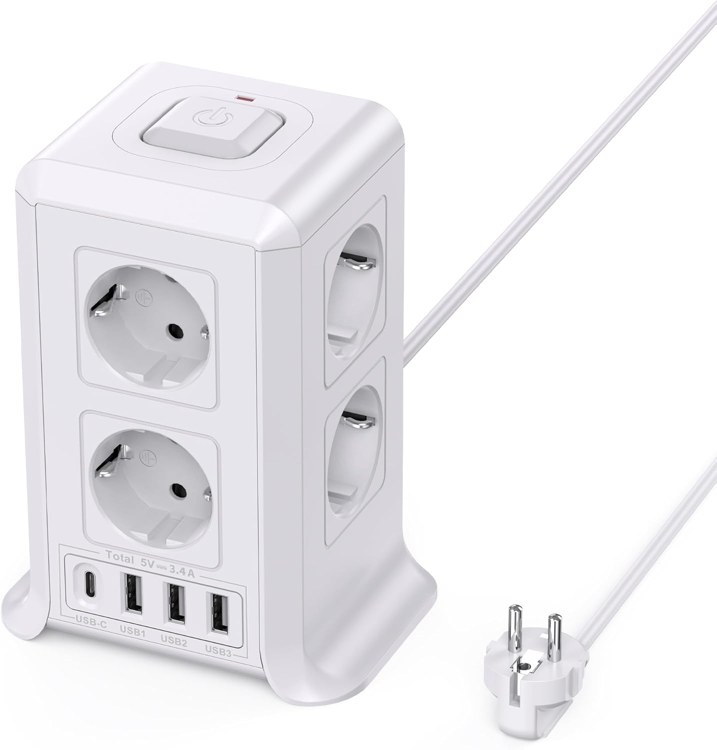 Multiprise avec Interrupteur, Sameriver Tour Multiprise 8 Prises et 4 USB, Multiprise Parafoudre et Surtension Rallonge Electrique 2M Câble à la Maison et au Bureau 2M blanc