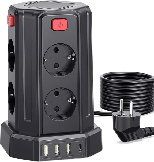 Multiprise avec Interrupteur, Sameriver Tour Multiprise 8 Prises et 4 USB, Multiprise USB Parafoudre et 4 Interrupteurs Rallonge Electrique 3M Câble la Maison et au Bureau 3M Noir