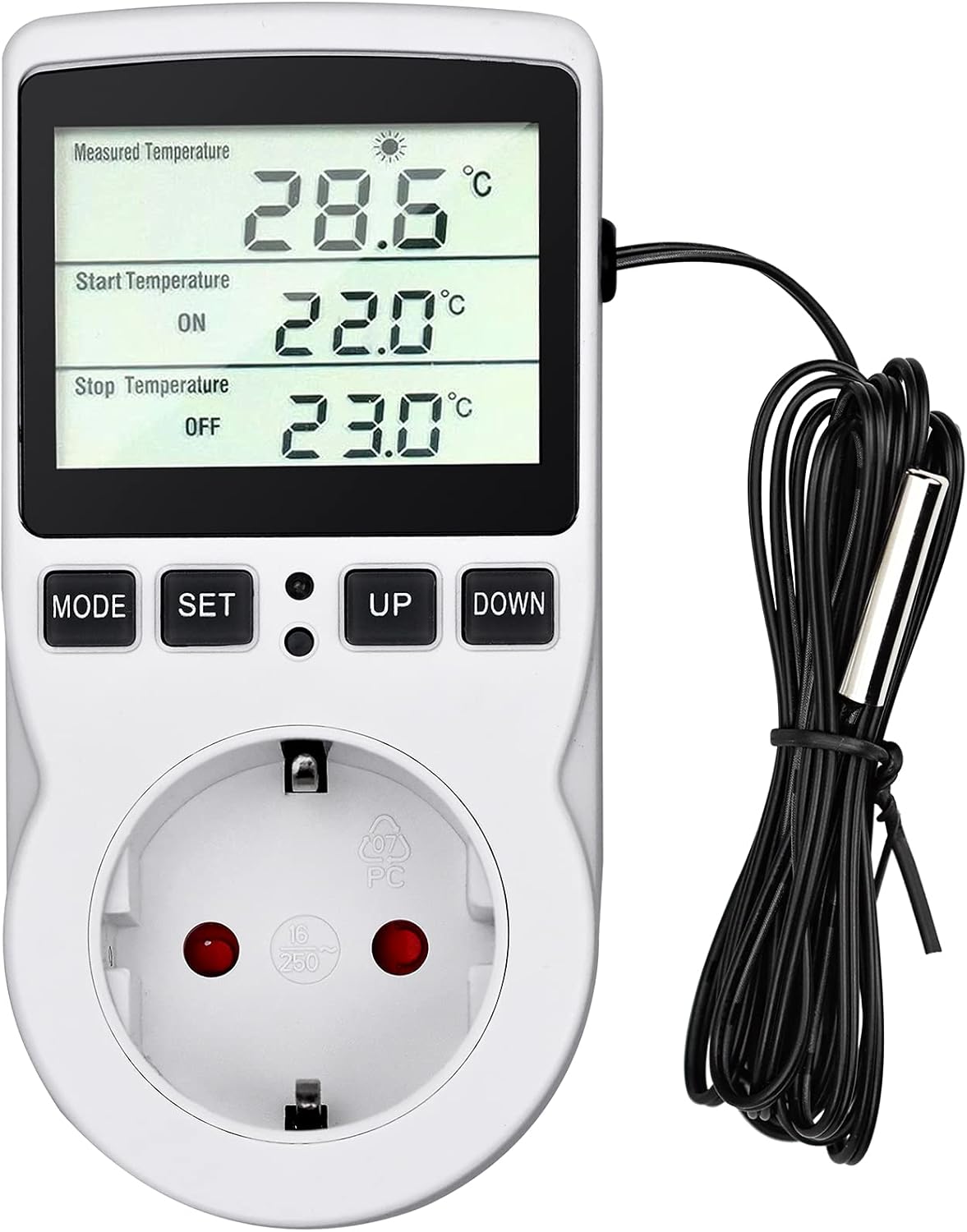 Régulateur de température 230V/ 50Hz Prise Thermostat Prise Minuteur Digital, Prise Thermostat Chauffage avec Sonde pour Aquarium Incubateur Serre(-40 à 120 ℃)