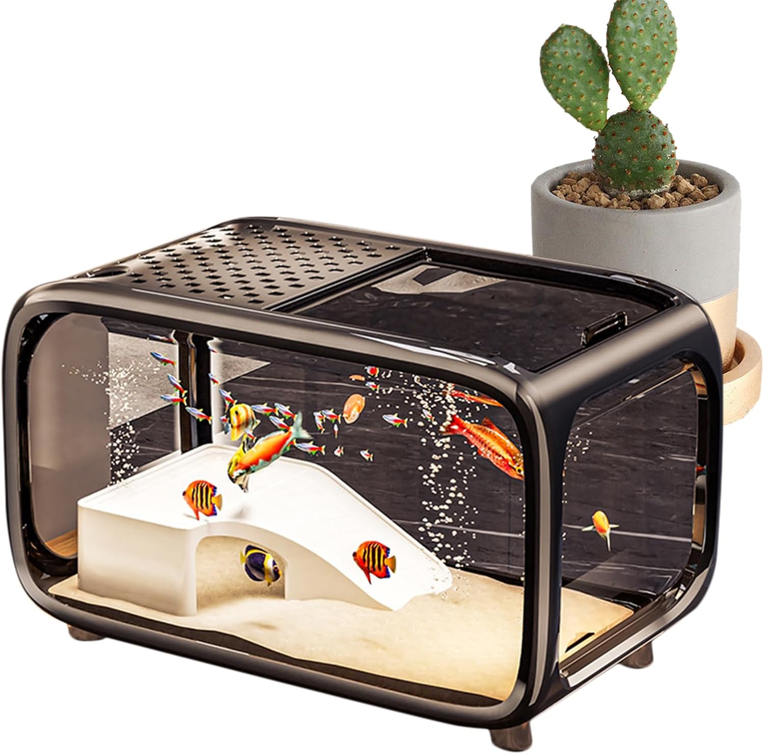 Petit aquarium - Bac à poissons pour tortues avec décoration d'escalade - En acrylique transparent - Avec ouverture d'alimentation pour poissons, tortues, animaux aquatiques Noir