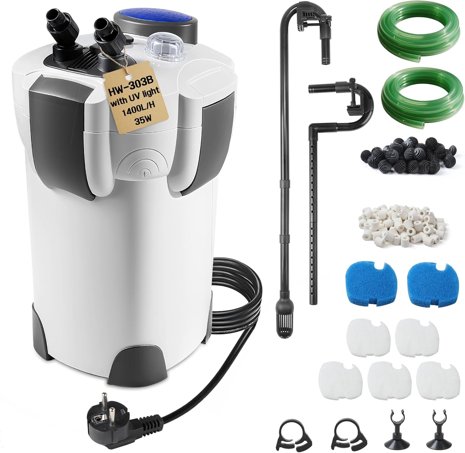 EXLECO Filtre UV Externe Aquarium 1400L/H 35W Pompe D'aquarium Réglable avec Matériau Filtrant, Filtre Bassin Poisson Silencieux avec 3 Étapes de Filtration pour Réservoir Jusqu'à 300 L HW-302B HW-303B/avec Lampe UVC/1400L/H/2.0M/35W