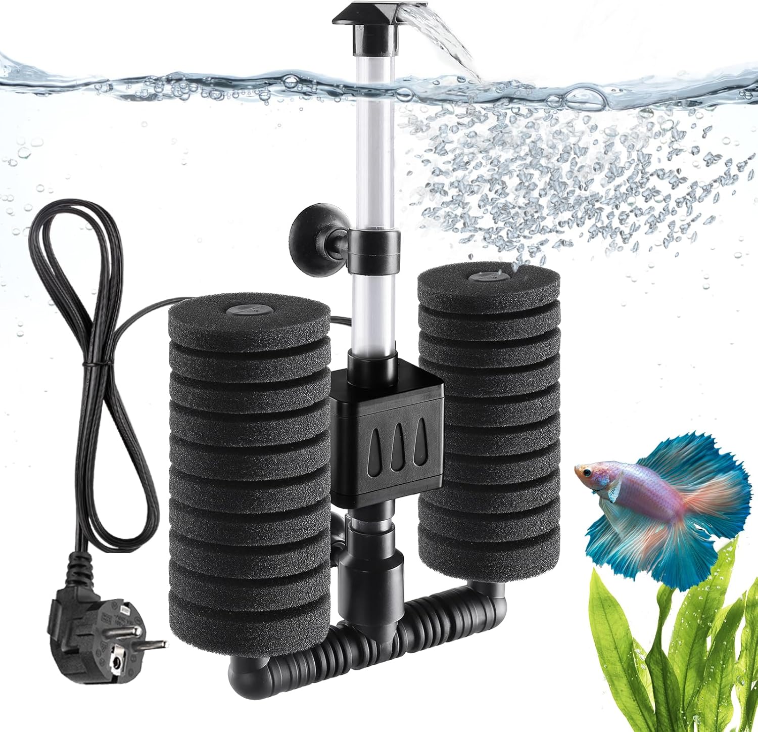 AQQA Filtre d'aquarium, pompe de filtre interne électrique 5 W, filtre éponge submersible silencieux avec filtration multi-étapes, pour aquarium jusqu'à 150 L 5W