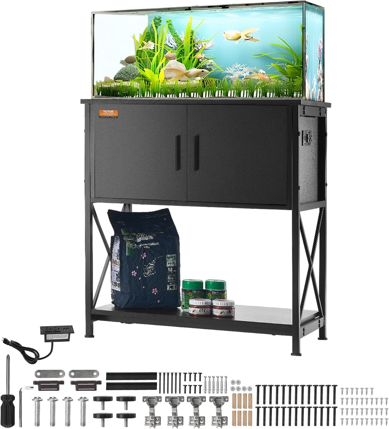 Support pour Aquarium Charge 110 kg, Meuble pour Aquarium Aquariophilie 73x42x76,2 cm, en Acier et MDF, Support pour Réservoir de Reptiles avec Armoire de Rangement et Prise Électrique Intégrée Steel+Wood-29 Gallon