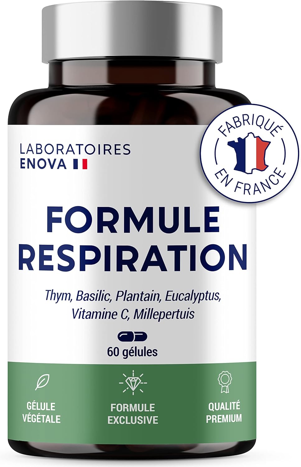 FORMULE RESPIRATION - Complement alimentaire - Thym, basilic sacré, plantain feuille, eucalyptus, millepertuis - Respiration - Pollen - Adoucit, Apaise, Fluidifie - 60 Gélules - Fabriqué en France