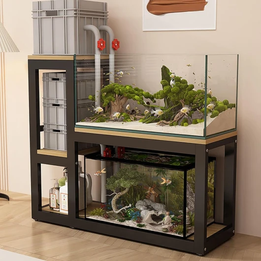 Meuble Aquarium avec Patins Antidérapants, Support pour Aquarium Meuble Terrarium, Forte Capacité de Charge Résistant à l'usure et Aux Rayures, Convient aux Aquariums(Black+Wood,90x45x115cm) 90x45x115cm Black+wood