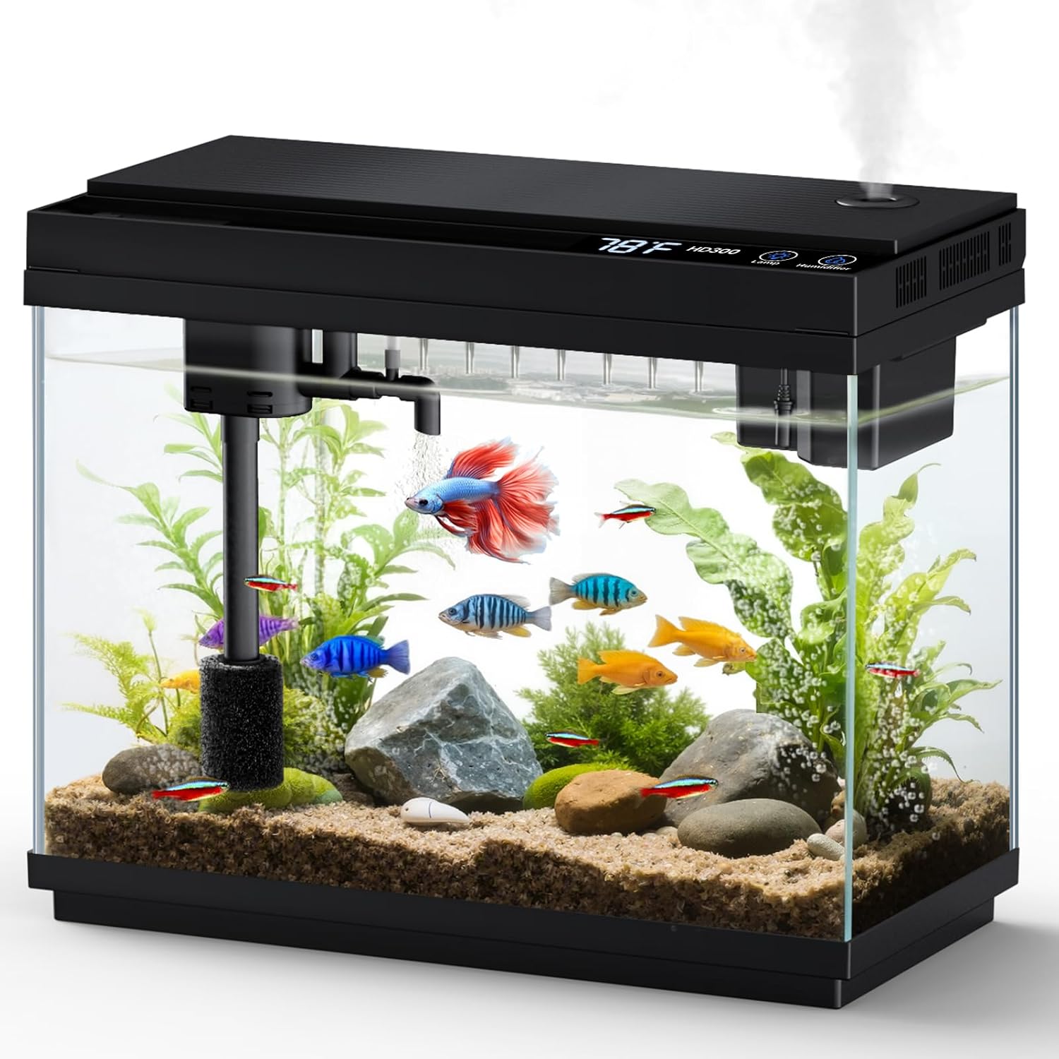 Fishkeeper Nano Aquarium Kit Complet, kit de démarrage pour Mini Aquarium de 9 litres, avec Pompe et Filtre 4 en 1, humidificateur, Affichage de la température et LED programmable.