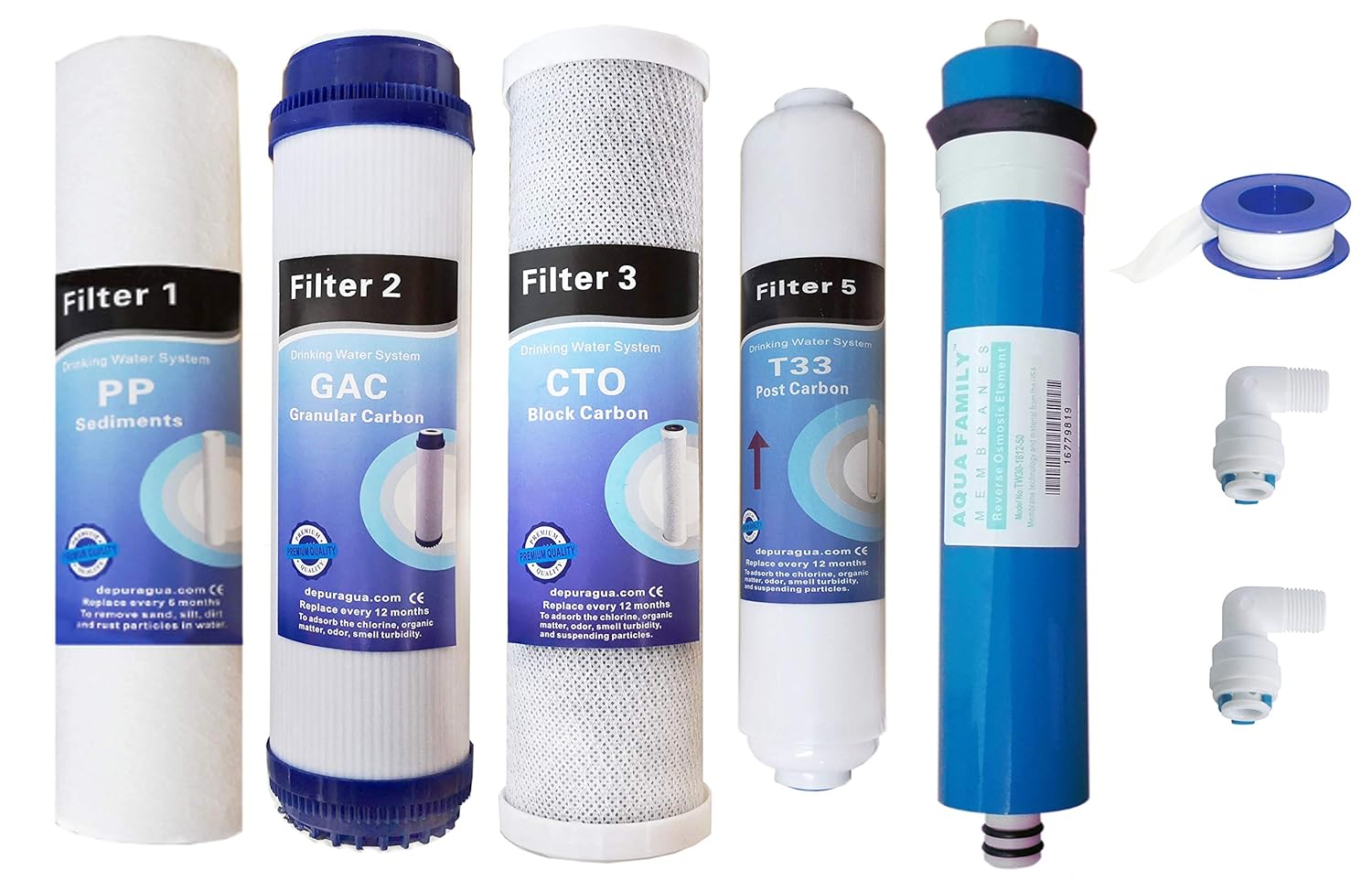 Depuragua - Kit Membrane + 4 Filtres pour Osmoseur Inverse 50 GPD - Filtre Osmoseur 5 Etape - Osmoseur Aquarium - Filtre Membrane - Filtre Osmose, 5 Unités (Lot de 1), Charbon Actif