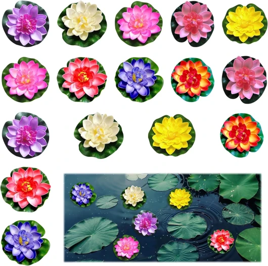 Lot de 16 Fleurs de Lotus Artificielles Fleurs Artificielles Flottantes Lotus Pool Dekorationszubehör Plantes de Piscine Flottantes 10cm Flottant Nénuphar Plantes pour Étang Aquarium Décoration
