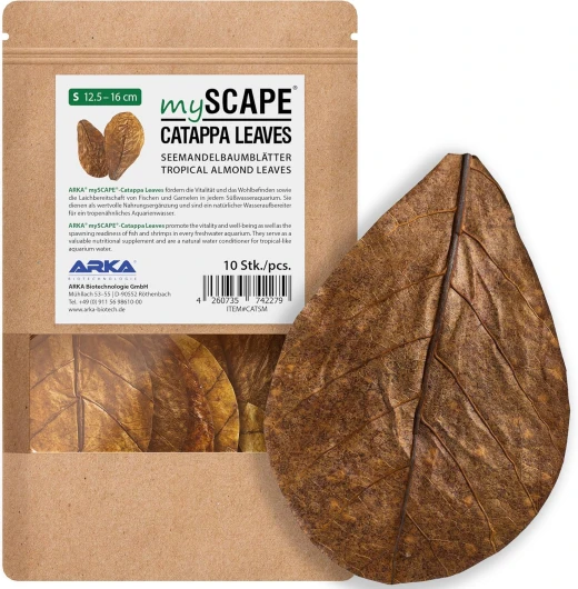 ARKA Myscape-Catappa Lot de 10 feuilles de Badamier, 12,5 à 16 cm, conditionneur d'eau naturel pour poissons et crevettes en aquariums d'eau douce, nourriture pour poissons et crevettes 1 unité (Lot de 1)