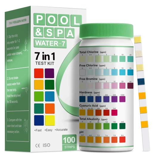 Kit de Test de Piscine 7 en 1, Lot de 100 Bandelettes de Test pour Piscine, Jacuzzi et Spa avec Mesure de Haute Précision de la Dureté de l'Eau et de l'Acidité, Kit d'Entretien pour K01-100