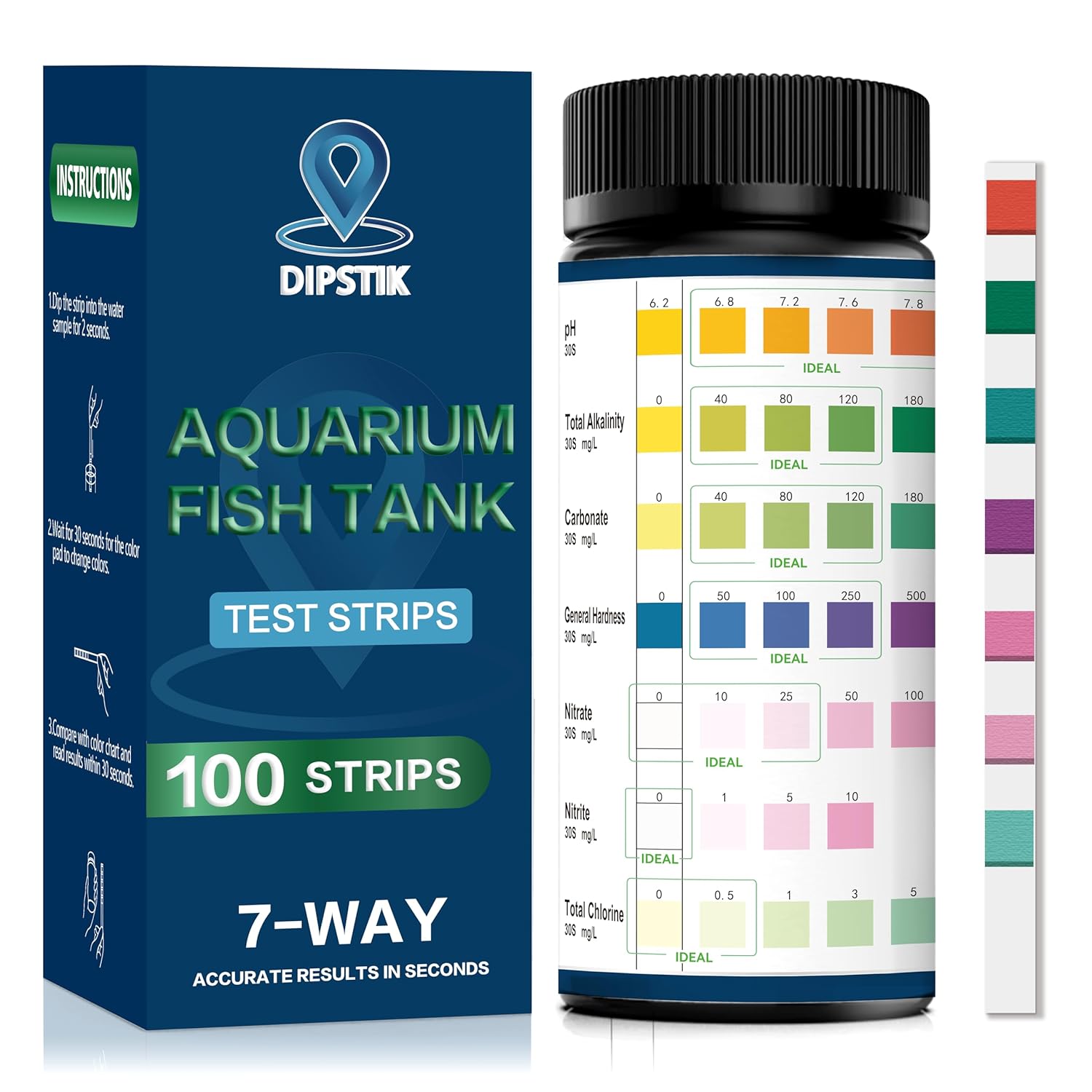 Test d'eau pour Aquarium, Bandelette de Test Eau 7 en1 Pour Alcalinité Totale,Dureté Totale, Dureté Carbonatée, PH, Nitrite, Nitrate, Chlore (100 Bandelettes)